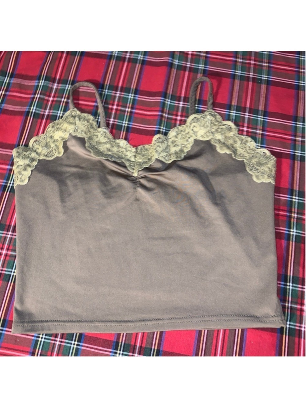 Women's Unbranded Brown Camisole with Beige Lace Trim Small